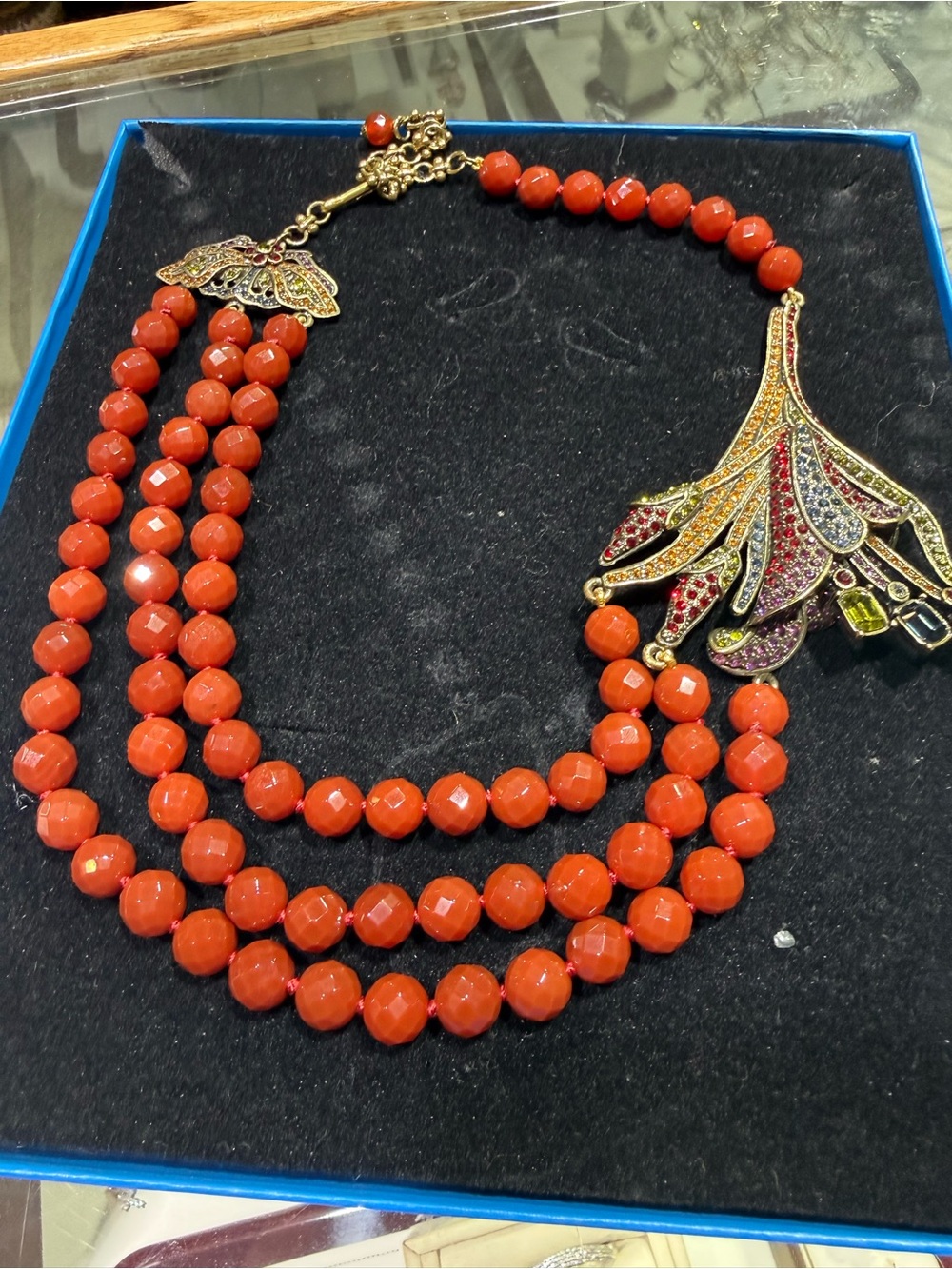 Heidi Daus Lilly TRIPLE STRAND RED BEADED NECKLACE With FLOWER DROP - Picture 2 of 8